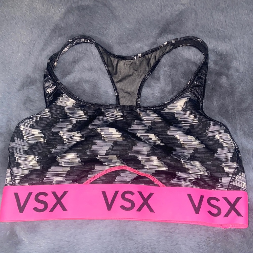 Victorias Secret Sport Strappy Unlined Sports Bra Sz MED Black w/ Design /logo
